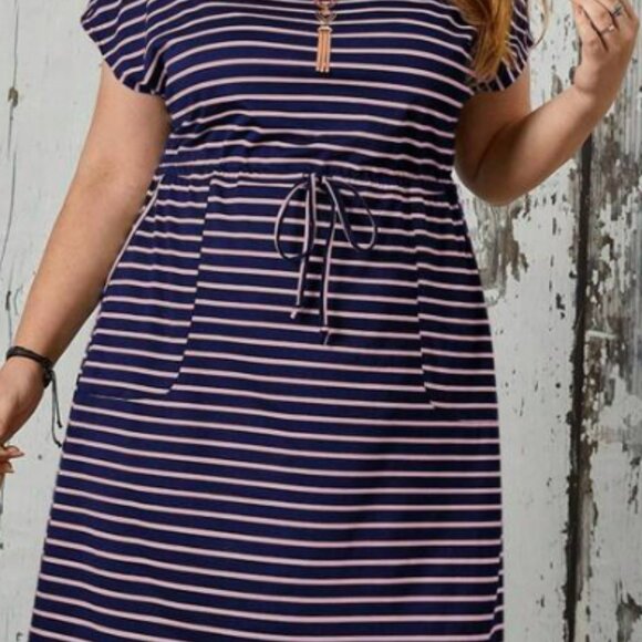 EMERY ROSE Plus Size Striped Drawstring Waist Dress - Picture 1 of 6